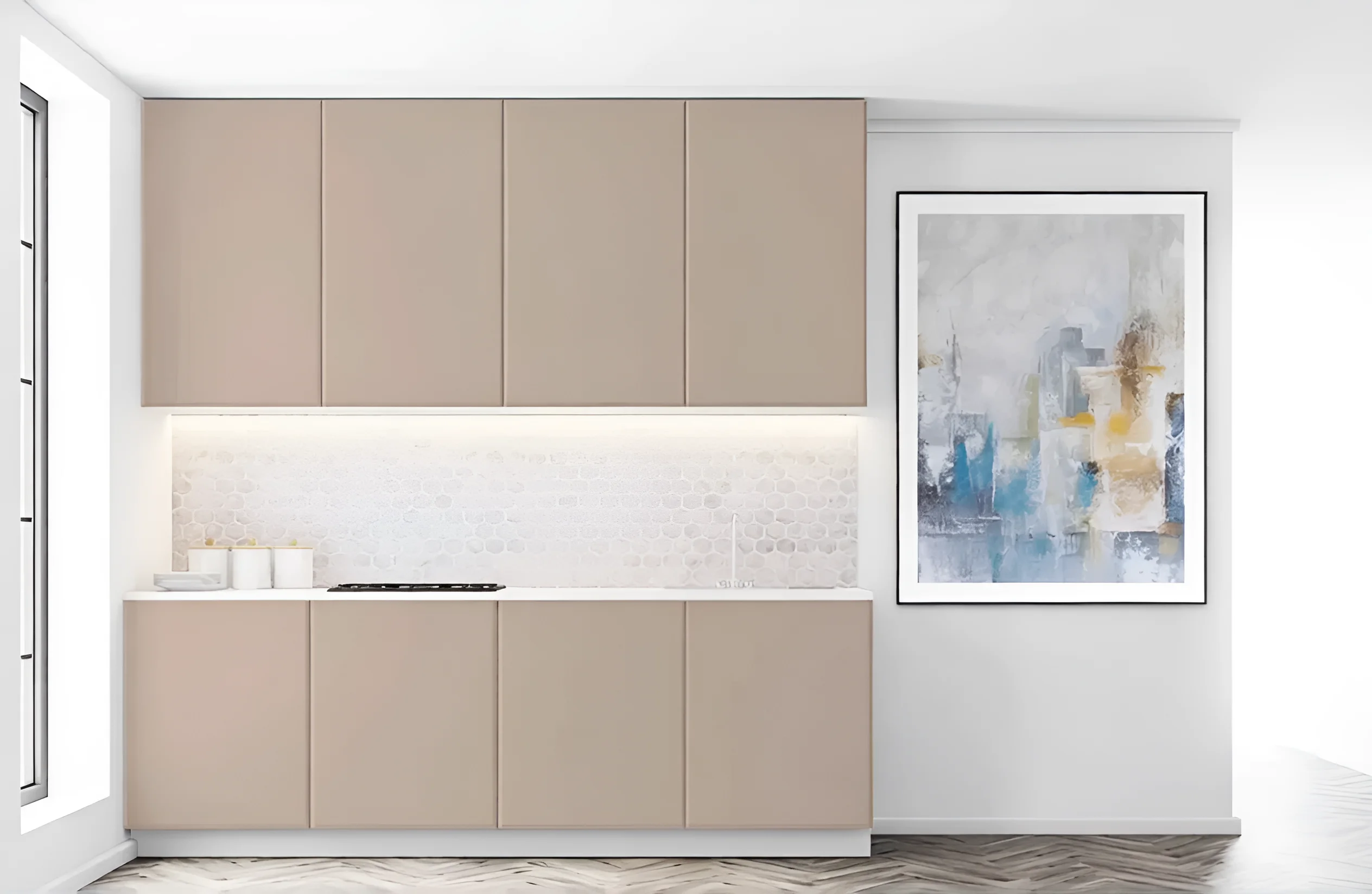 Угловая кухня "Хай-тек" 3х1.9м в цвете Белый Капучино, современный дизайн, глянцевые фасады, стильный интерьер кухни, MebelTops.