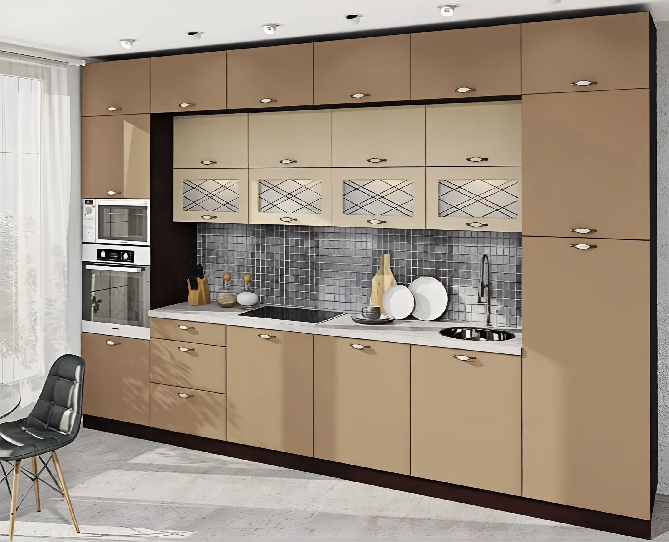 Угловая кухня "Хай-тек" 3х1.9м в белом и капучино цвете, современный дизайн, фото интерьера кухни, купить кухню онлайн.