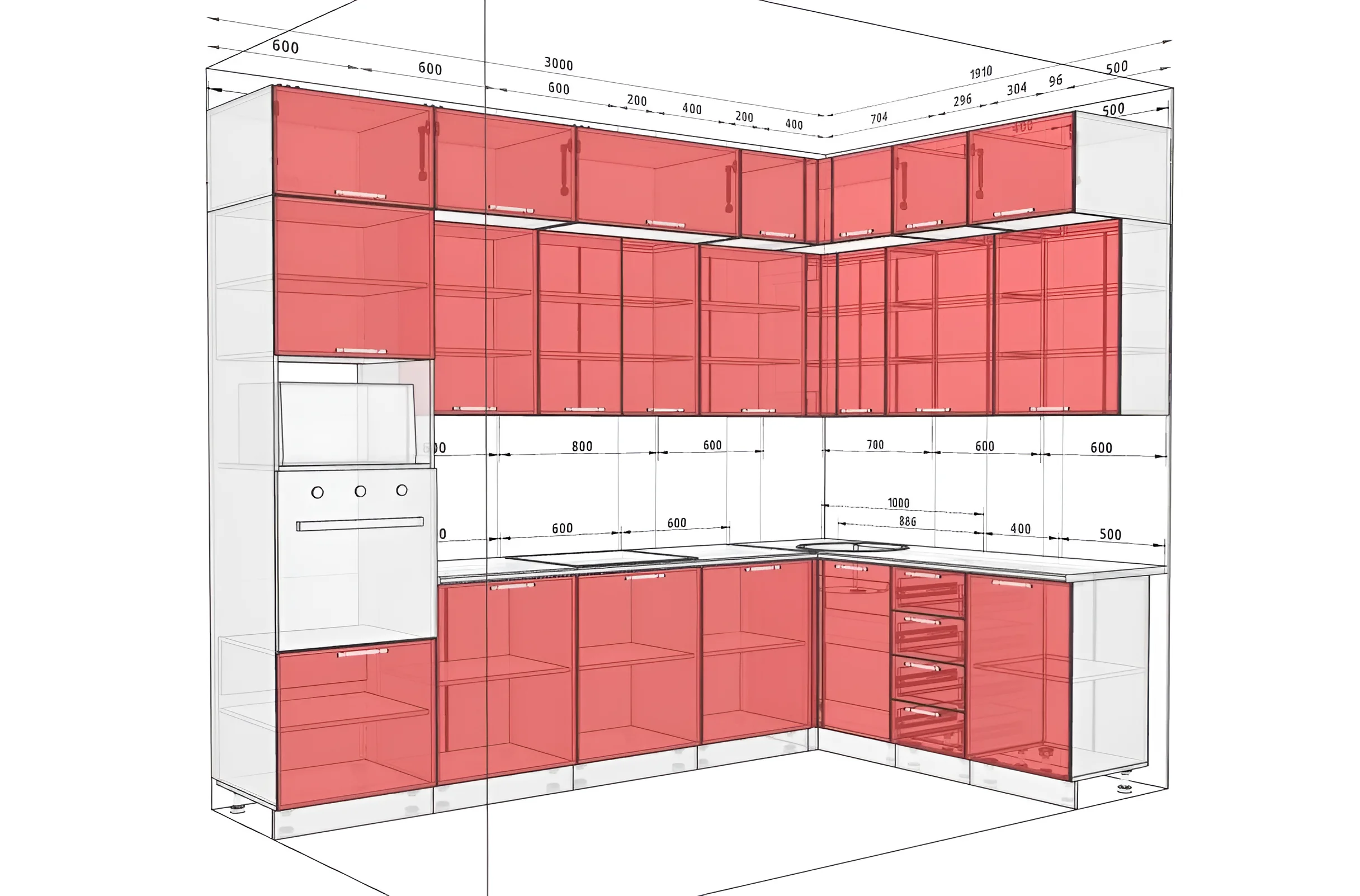 Угловая кухня "Хай-тек" 3х1.9м в белом и капучино цвете, современный дизайн, глянцевые фасады, чертеж с размерами для планировки кухни.