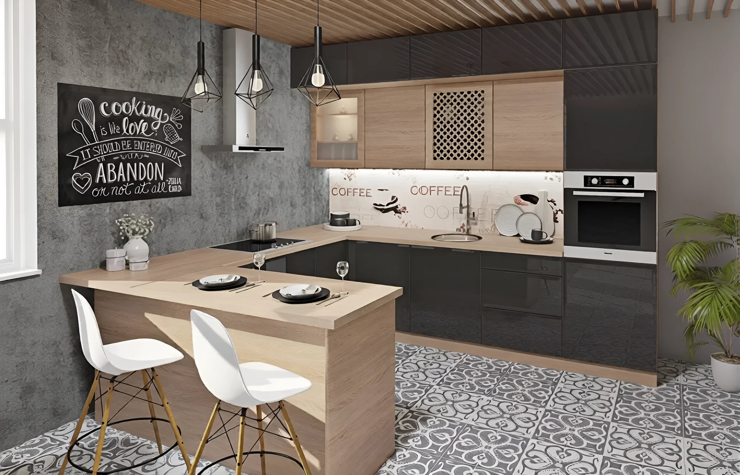 Современная угловая кухня "Хай-тек" 3х2.6м в цвете Асфальт и Дуб натуральный с барной стойкой, стильный дизайн интерьера.