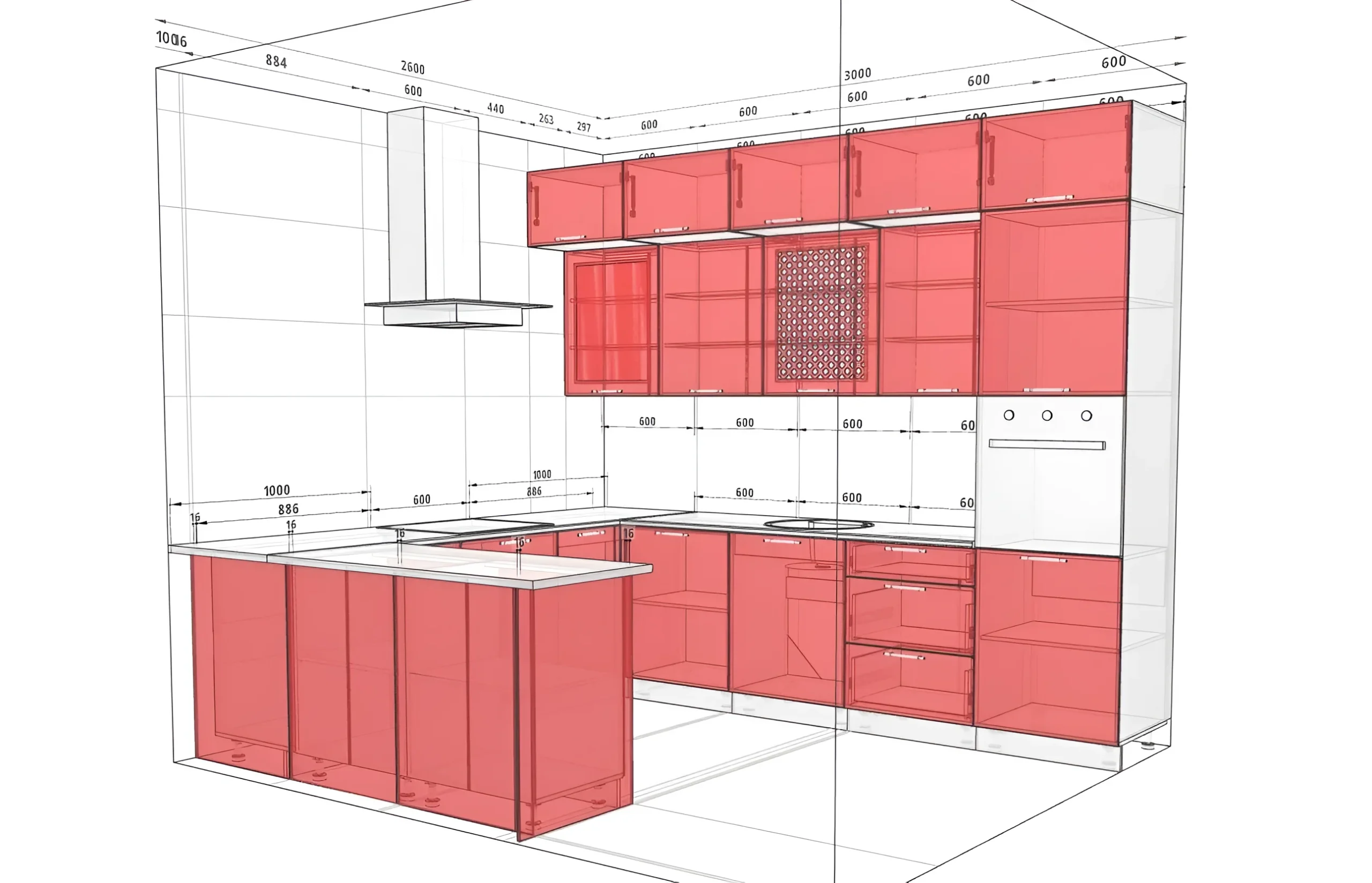 Кухня "Хай-тек" 3х2.6м П-образная в цвете Асфальт и Дуб натуральный, современный дизайн, визуализация проекта кухни от MebelTops.