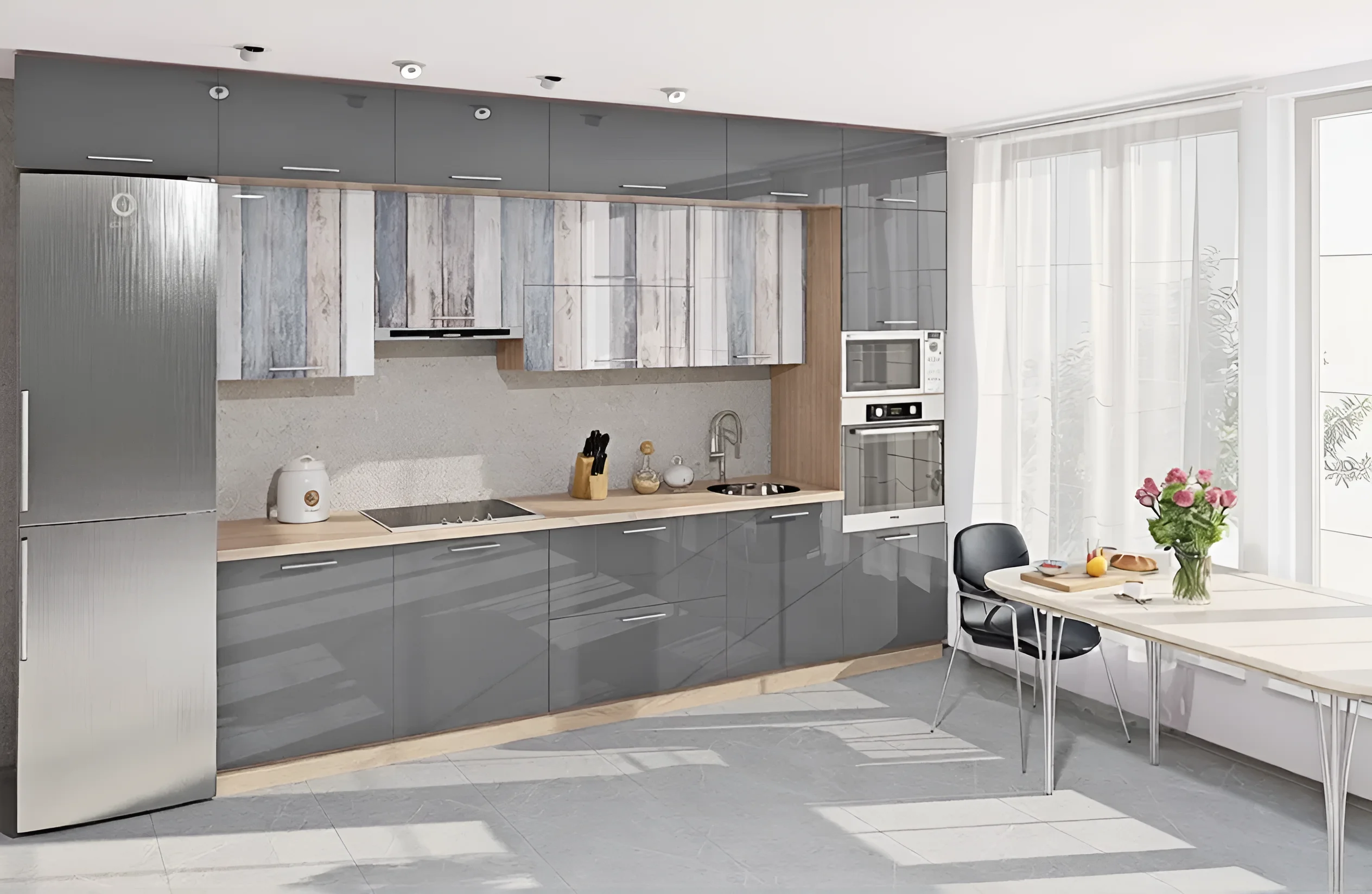 Современная угловая кухня "Хай-тек" 3х2,6м в цветах асфальт и дуб сонома, фото интерьера кухни в стиле минимализм.