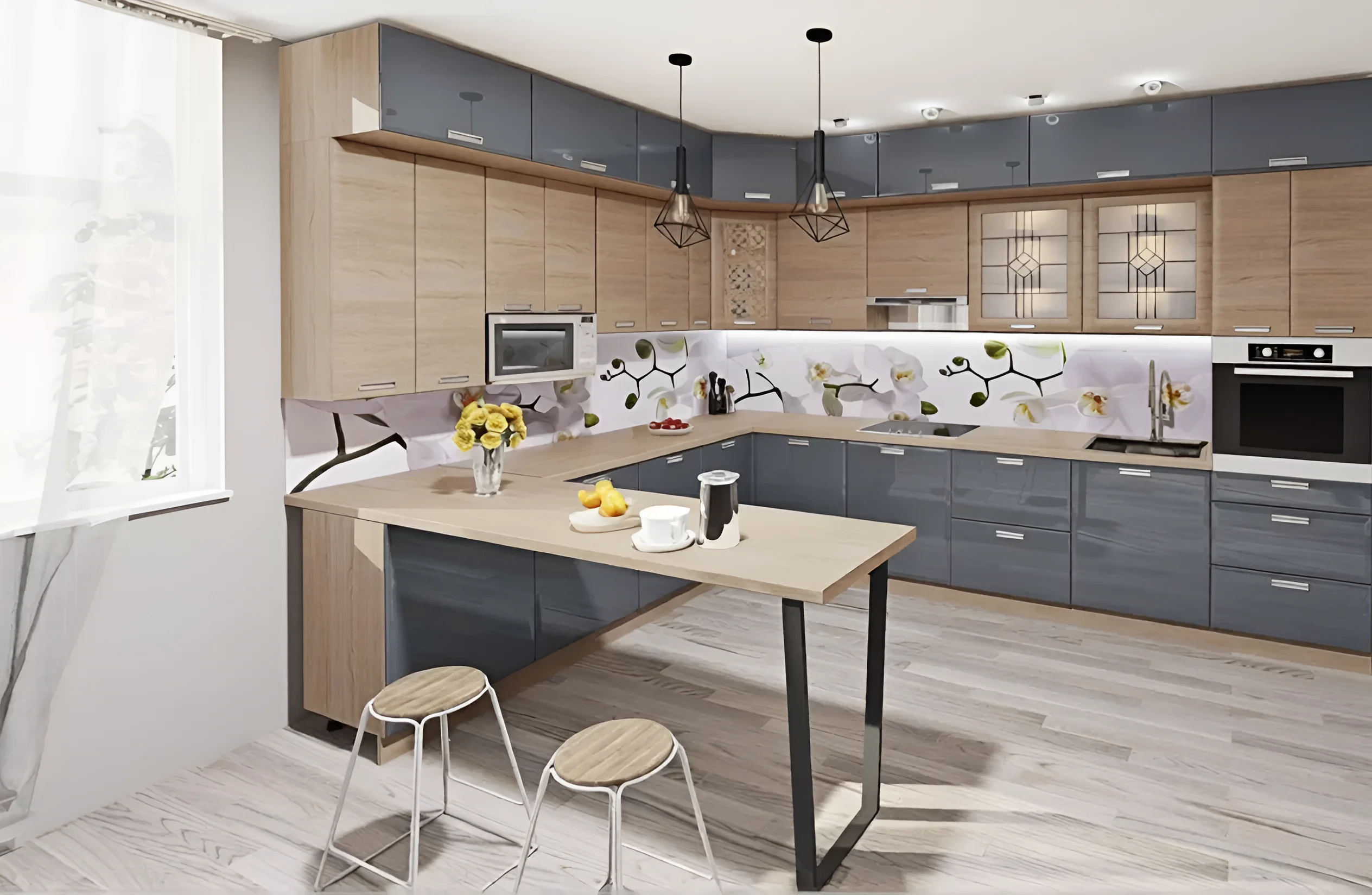 Современная угловая кухня "Хай-тек" 3х2,6м в цветах асфальт и дуб сонома с барной стойкой, фото интерьера кухни.