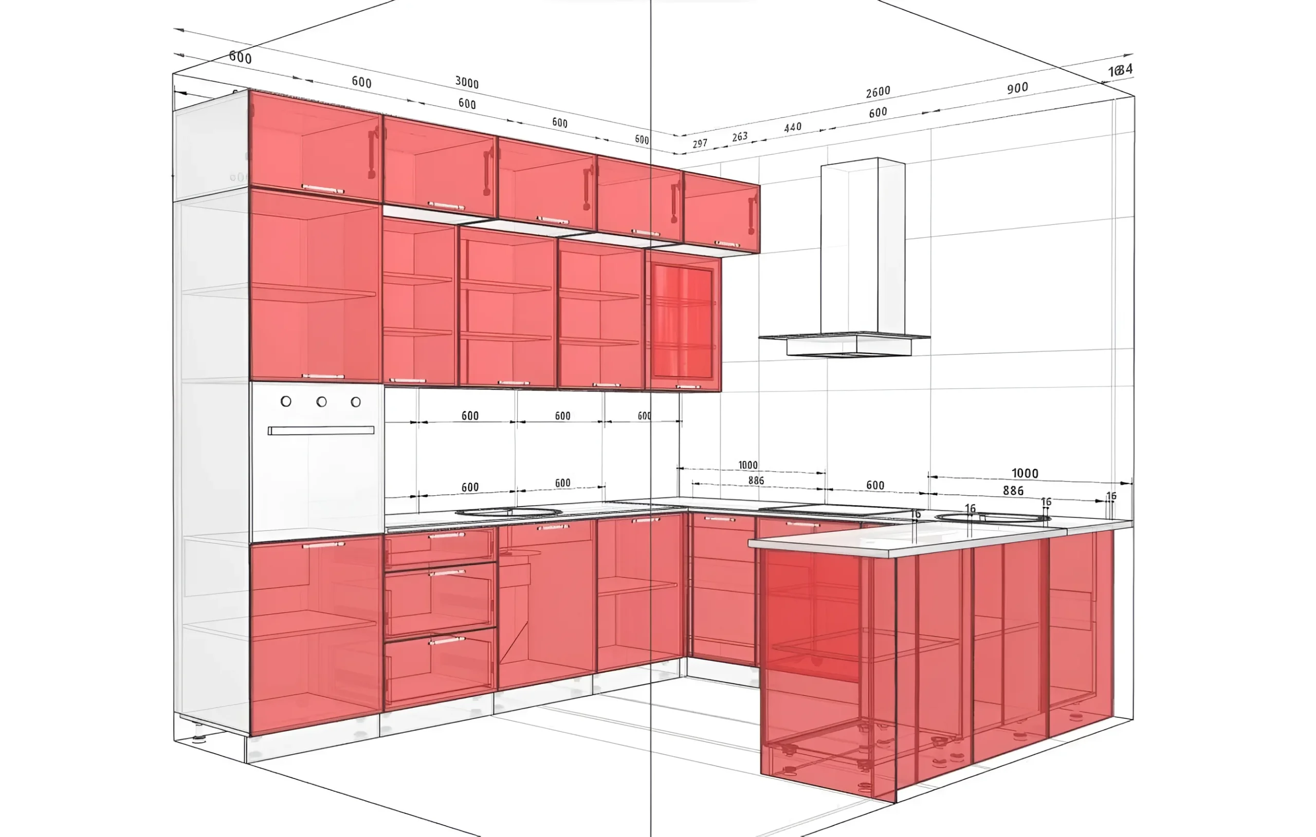 Кухня "Хай-тек" П-образной формы 3х2,6 метра в цвете Асфальт и Дуб сонома, современный дизайн, визуализация проекта.