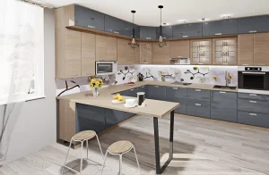 Современная угловая кухня "Хай-тек" 3х2.6м в цвете графит и дуб натуральный с барной стойкой, фото интерьера.