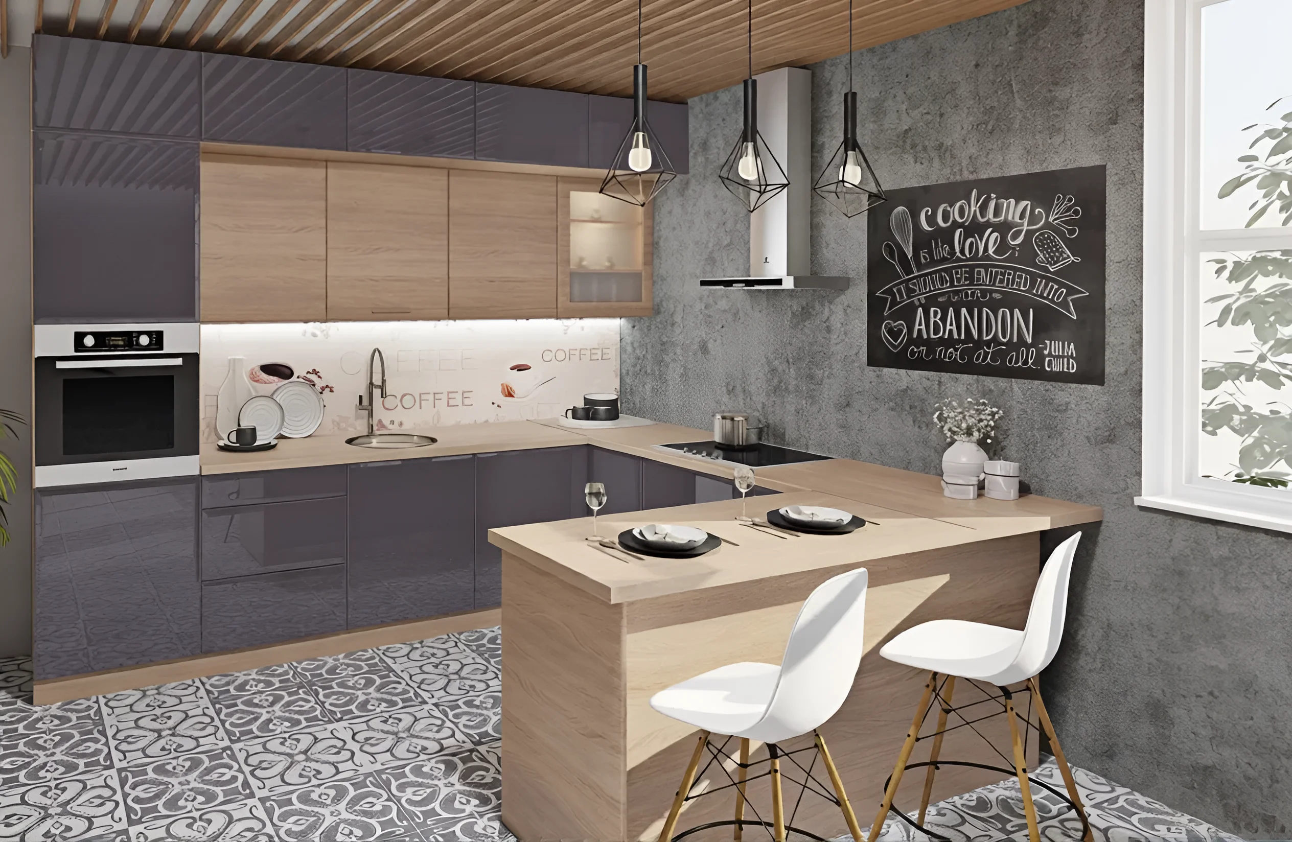 Современная угловая кухня "Хай-тек" 3х2.6м в цвете графит и дуб натуральный с барной стойкой, фото интерьера.