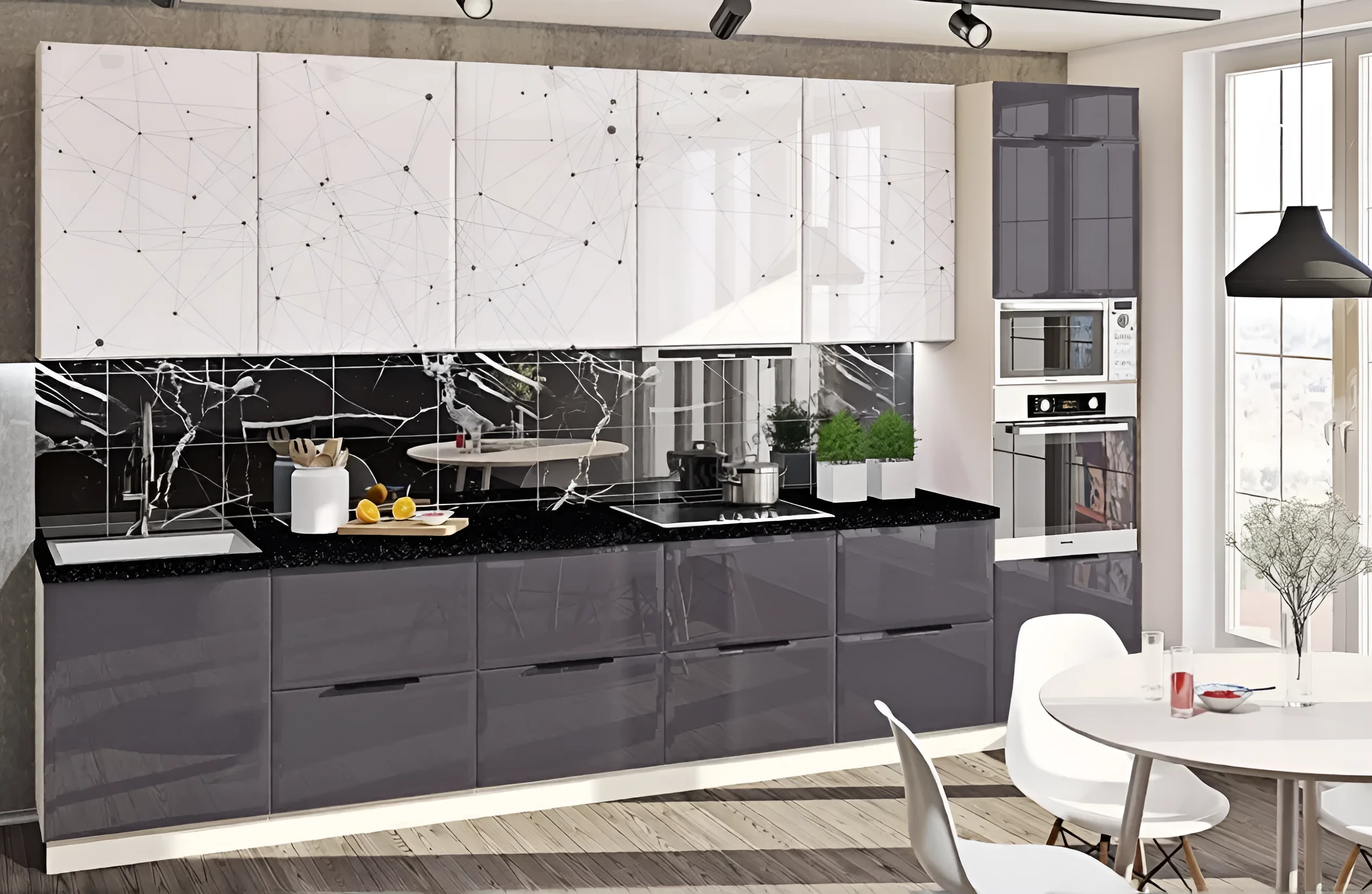 Современная угловая кухня "Хай-тек" 3х2.6м в цвете графит и дуб натуральный, глянцевые фасады, стильный дизайн интерьера.