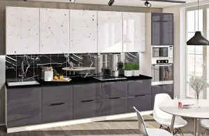 Современная угловая кухня "Хай-тек" 3,6х2,7м в цвете графит и дуб сонома с глянцевыми фасадами и черной столешницей.