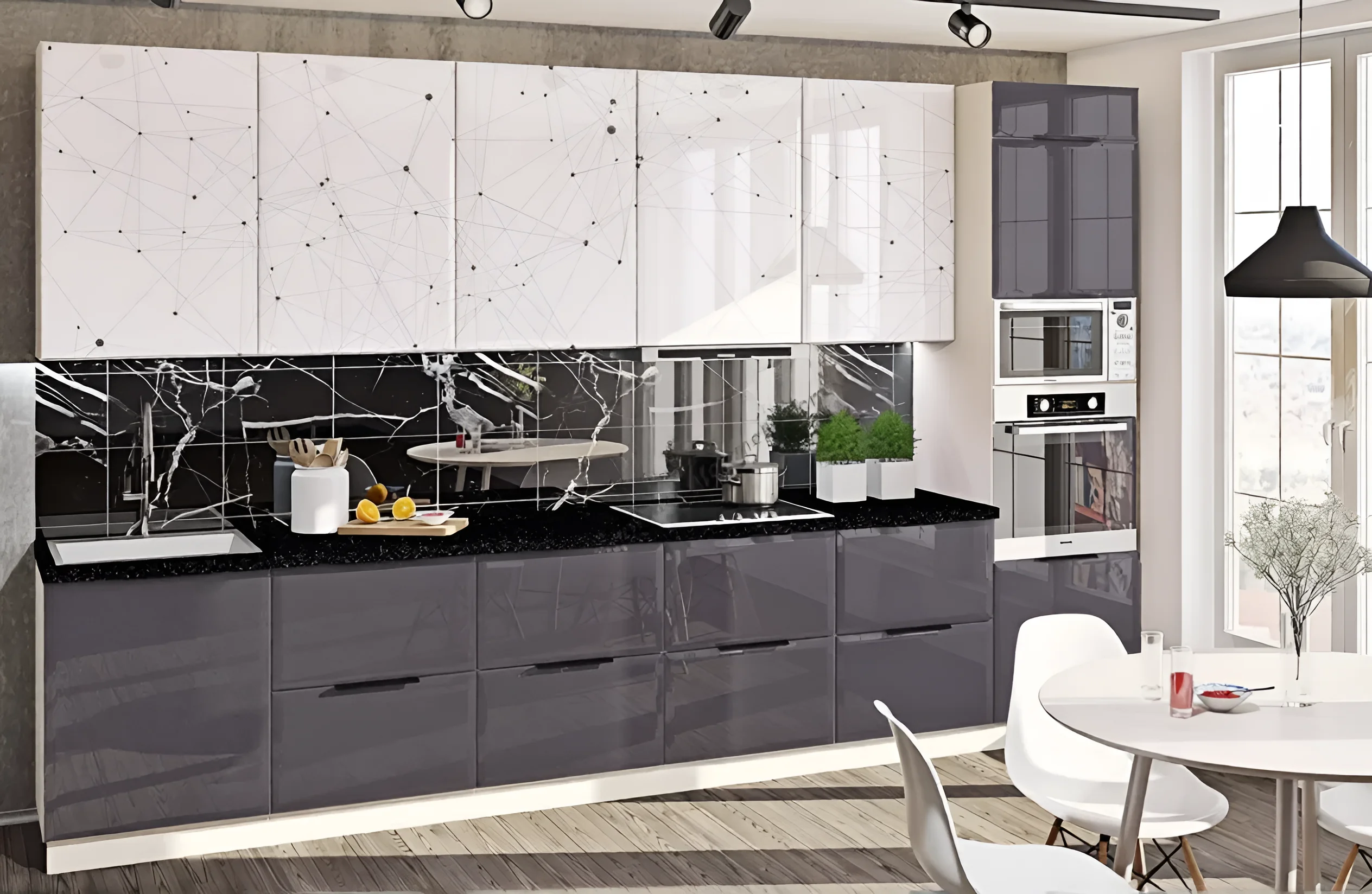 Современная угловая кухня "Хай-тек" 3,6х2,7м в цвете графит и дуб сонома с глянцевыми фасадами и черной столешницей.