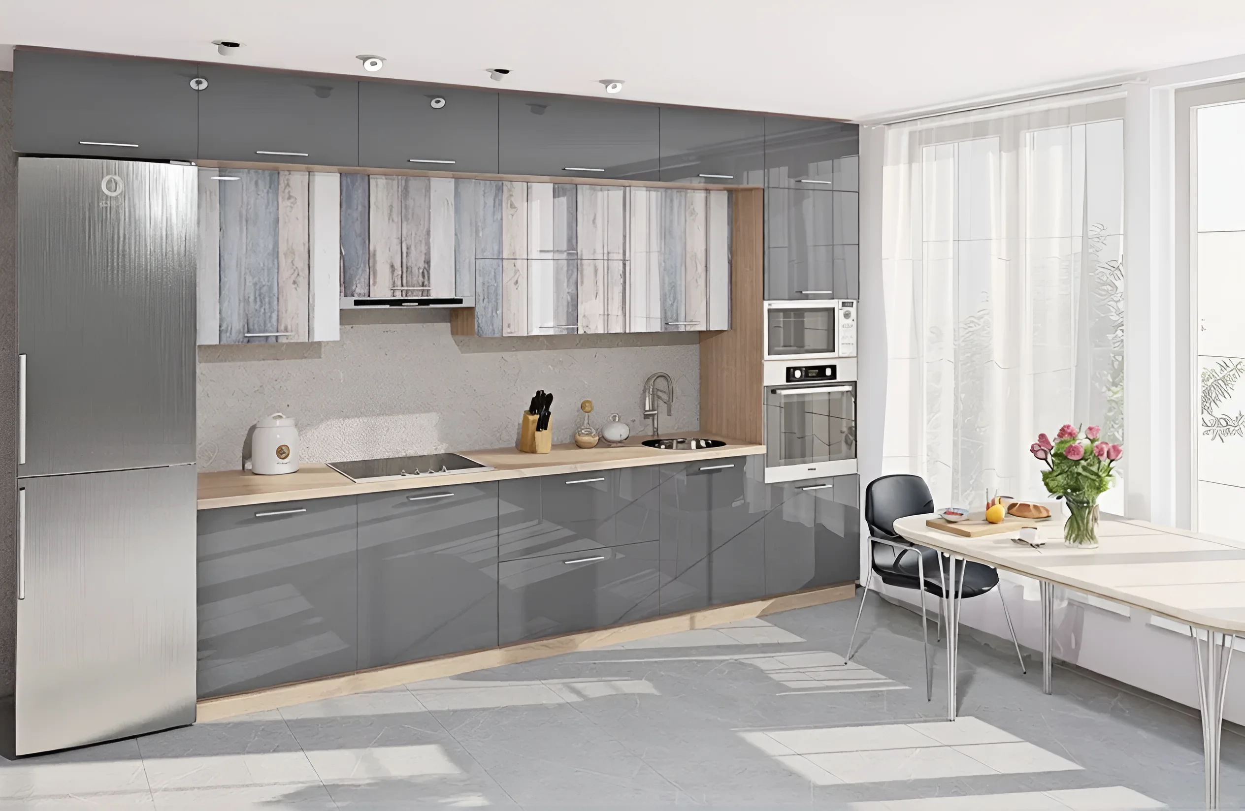 Современная угловая кухня "Хай-тек" 3,6х2,7м в цвете графит и дуб сонома, фото интерьера кухни в стиле минимализм.