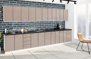 Угловая кухня "Хай-тек" 3,6х2,8м в цвете Капучино и Лате, современный дизайн, глянцевые фасады, черная столешница, фото интерьера.