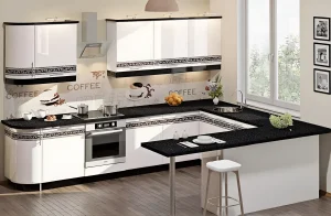 Кухня "Хай-тек" 3,6м в белом и черном цвете, угловая планировка, современный дизайн, глянцевые фасады, стильный интерьер кухни.