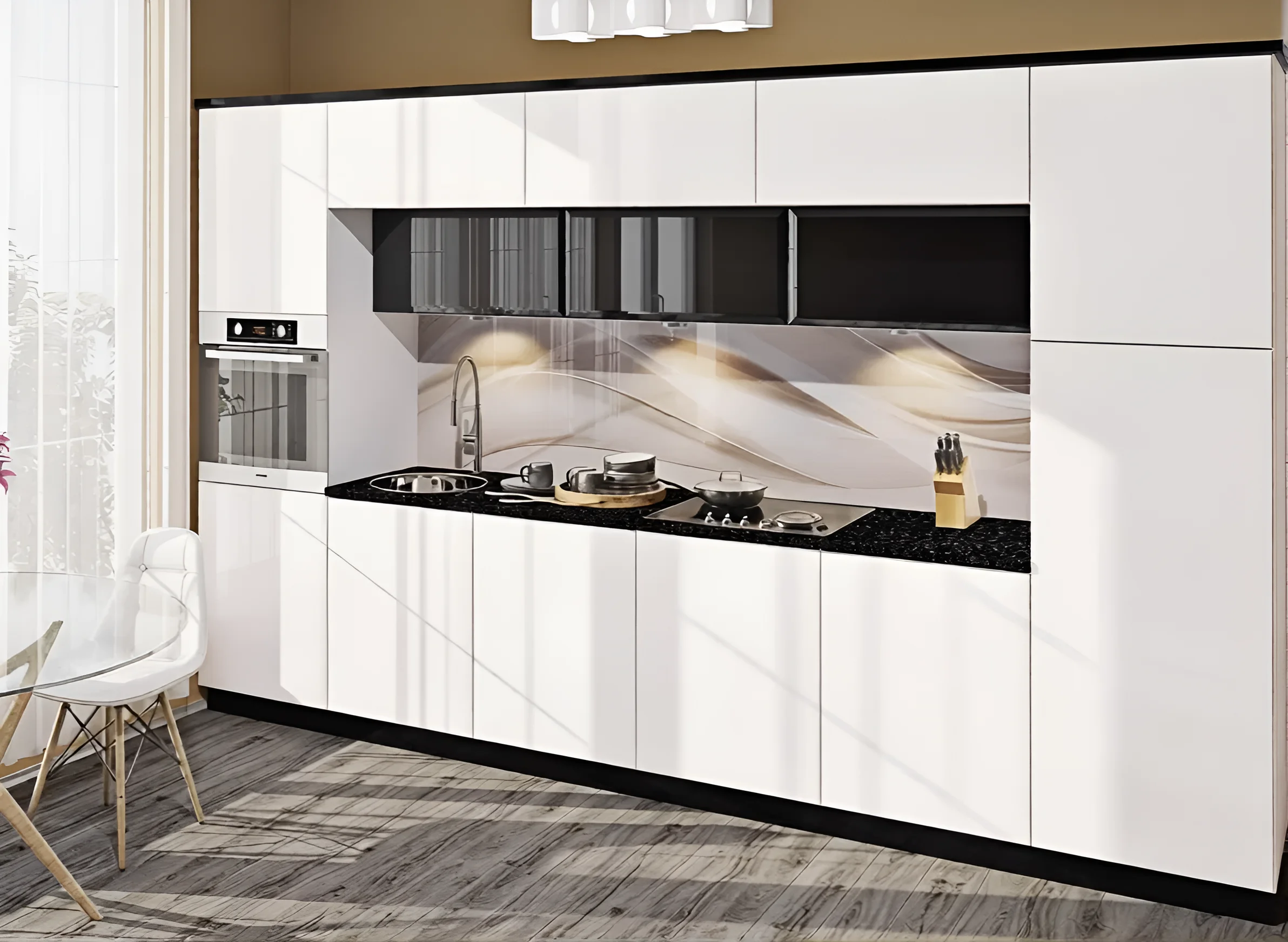 Современная белая и черная кухня в стиле хай-тек 3,6 метра, с глянцевыми фасадами и стильным кухонным фартуком.