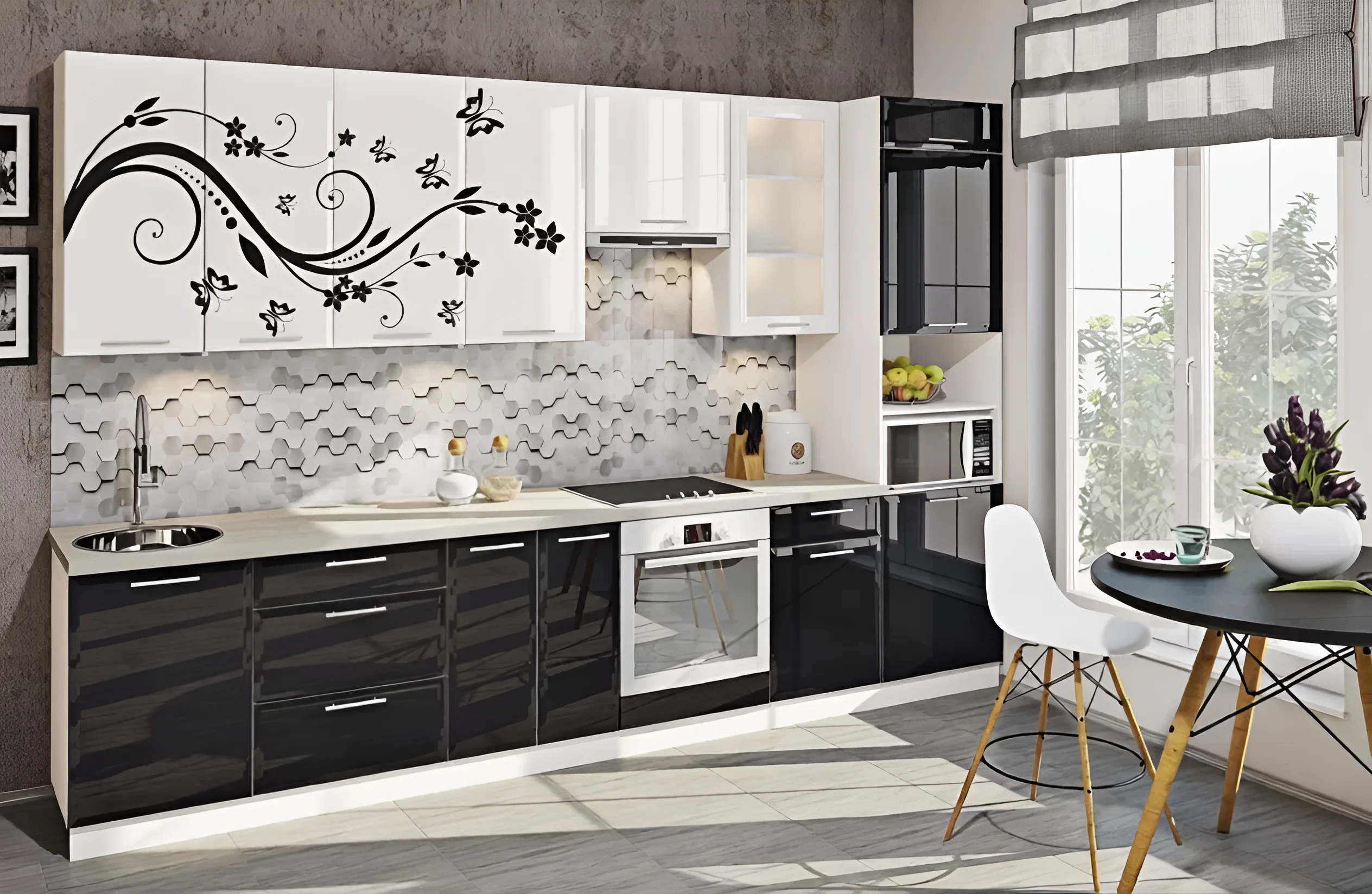 Кухня "Хай-тек" 3,6 метра в белом и черном цвете с цветочным узором на фасадах, современный дизайн интерьера кухни.