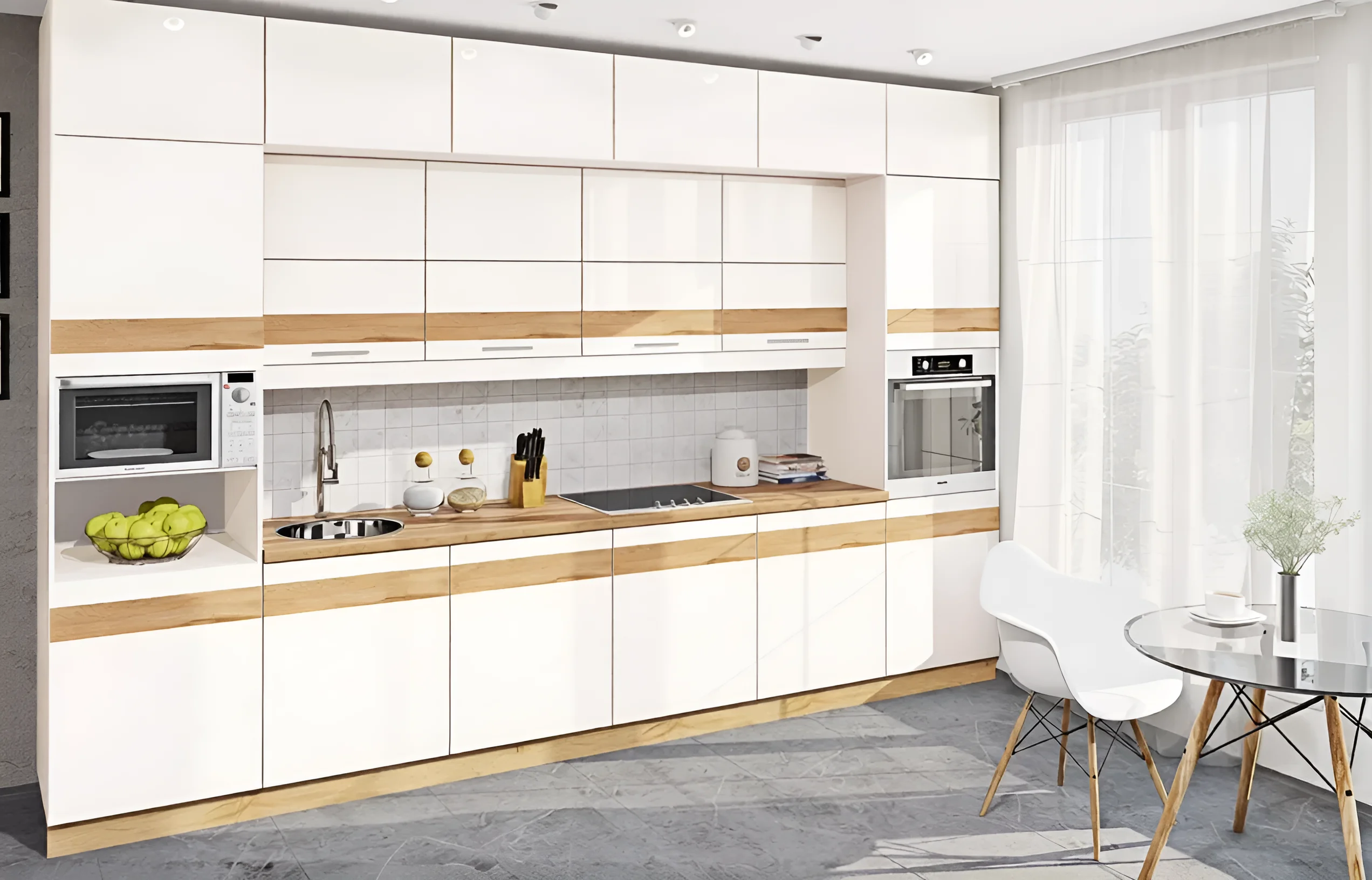 Современная белая и черная кухня в стиле хай-тек длиной 3,6 метра с деревянными элементами, фото интерьера кухни.