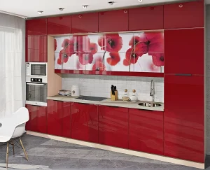 Кухня хай-тек 3,6 метра, глянцевый белый и красный цвет, с фотопечатью маков, современный дизайн интерьера кухни.