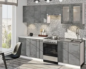 Современная угловая кухня "Хай-тек" 2 метра в цвете мрамор бетон бежевый и серый, стильный дизайн, фото интерьера.