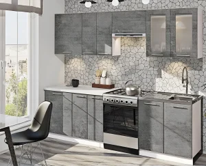 Современная кухня в стиле хай-тек с фасадами под мрамор и бетон, бежевый и серый цвет, 4 метра, фото интерьера.