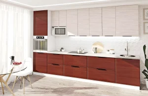 Кухня "Хай-тек" 3,4 метра в цвете орех и дуб отбеленный, современный дизайн, прямые фасады, функциональная планировка, MebelTops.