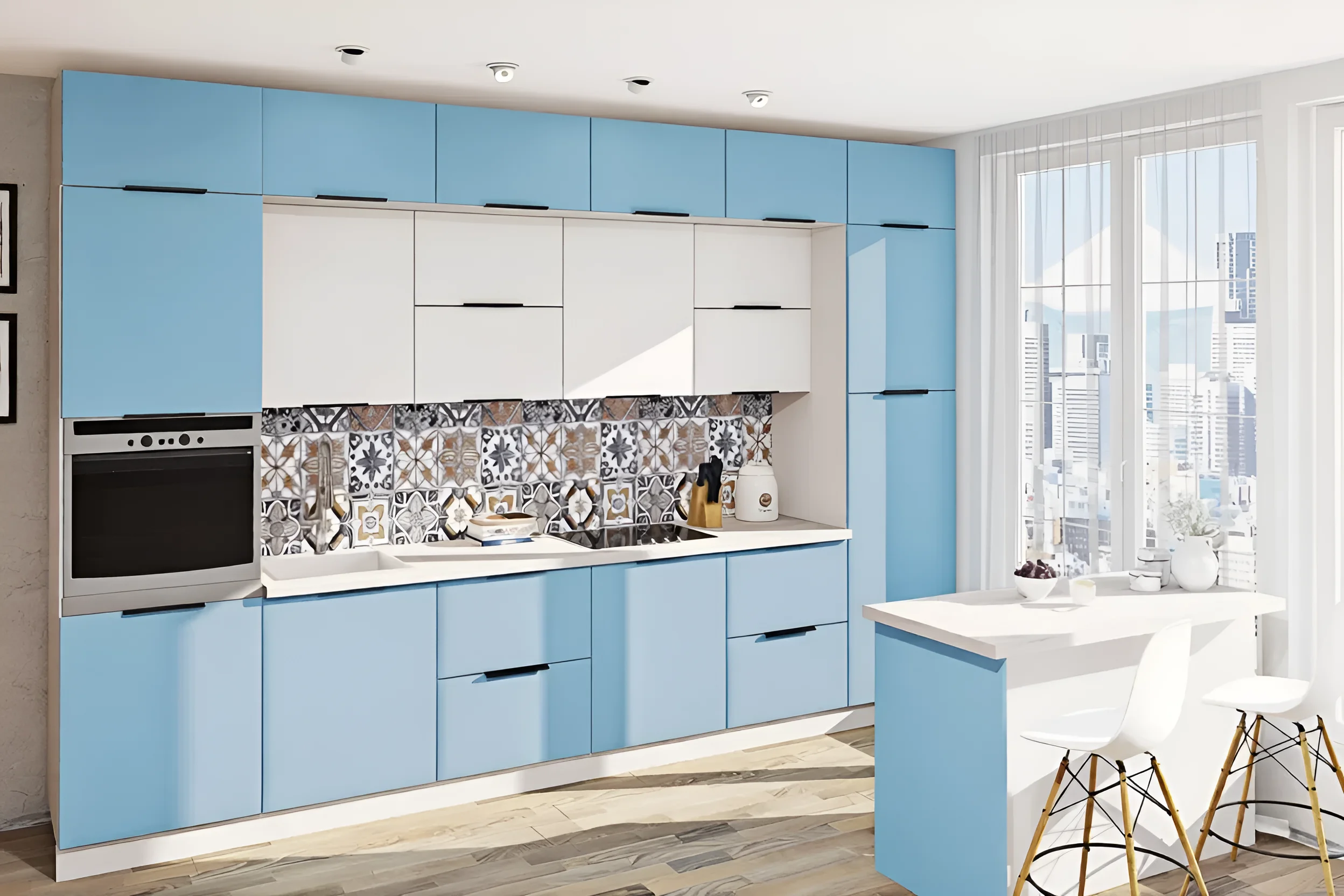 Современная белая и голубая кухня в стиле хай-тек с островом 3,6 метра, фото интерьера кухни, MebelTops.