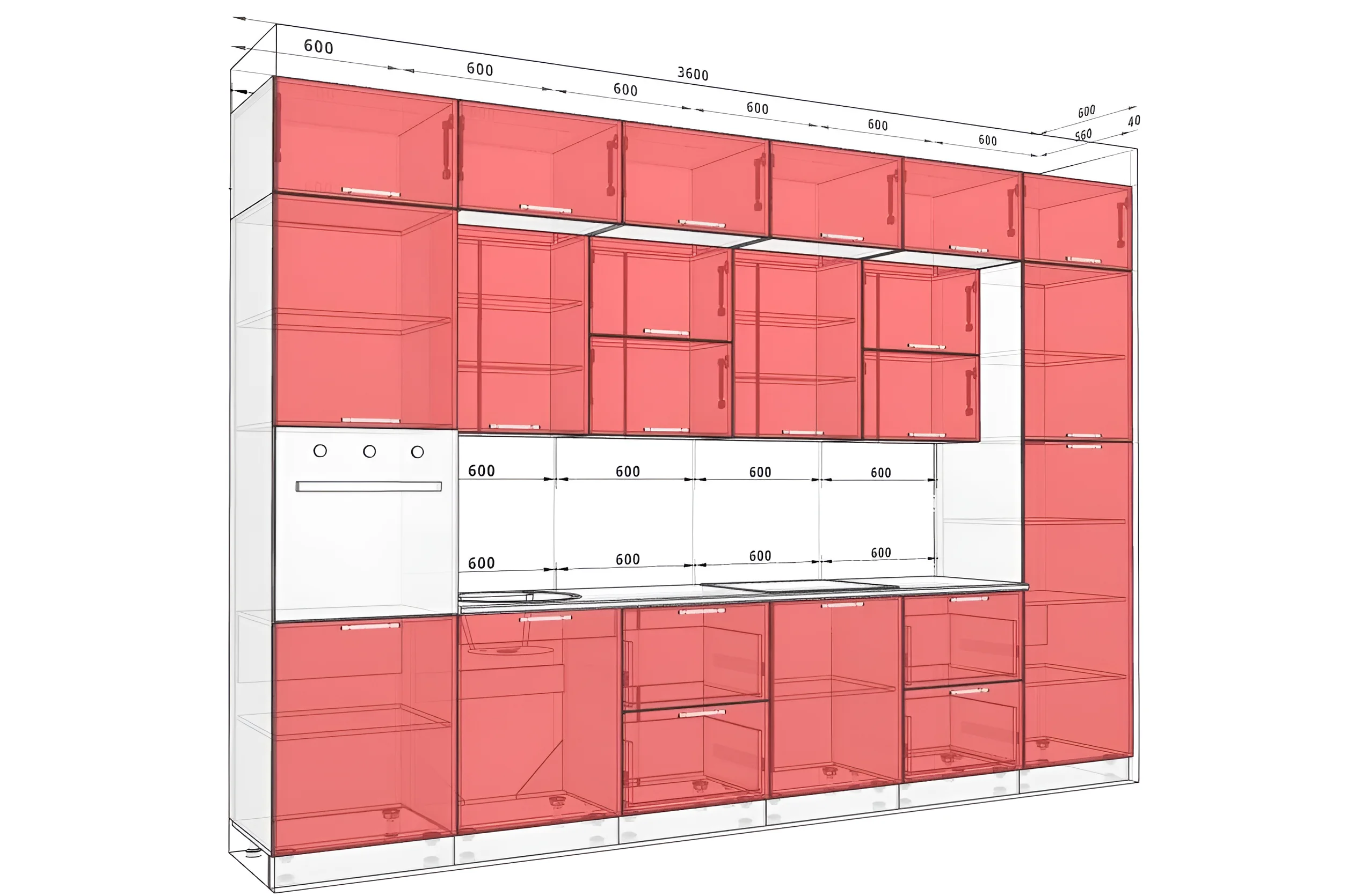 Кухня хай-тек 3,6 метра с островом: современный дизайн, белые и голубые фасады, чертеж с размерами для планировки.