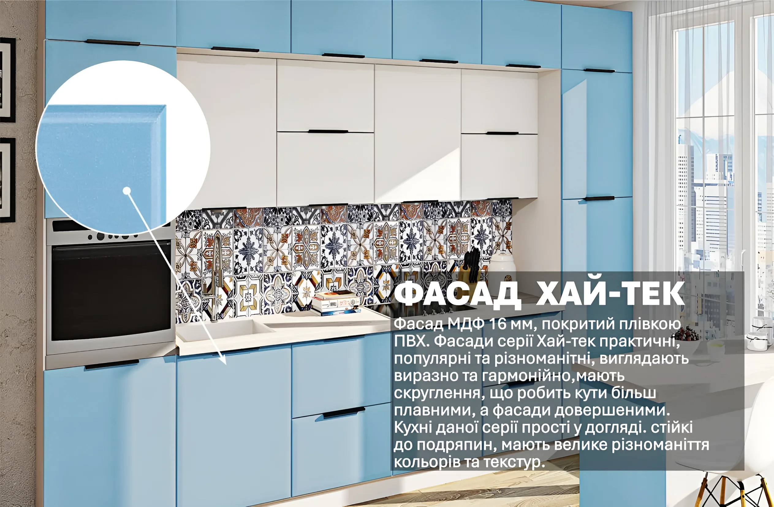 Современная белая и голубая кухня в стиле хай-тек с островом 3,6 метра, МДФ фасады, практичный дизайн для дома.