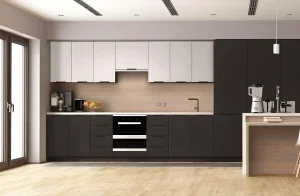 Современная белая кухня хай-тек с островом 4,4 метра, цвет Смоки, стильный дизайн, фото интерьера кухни.