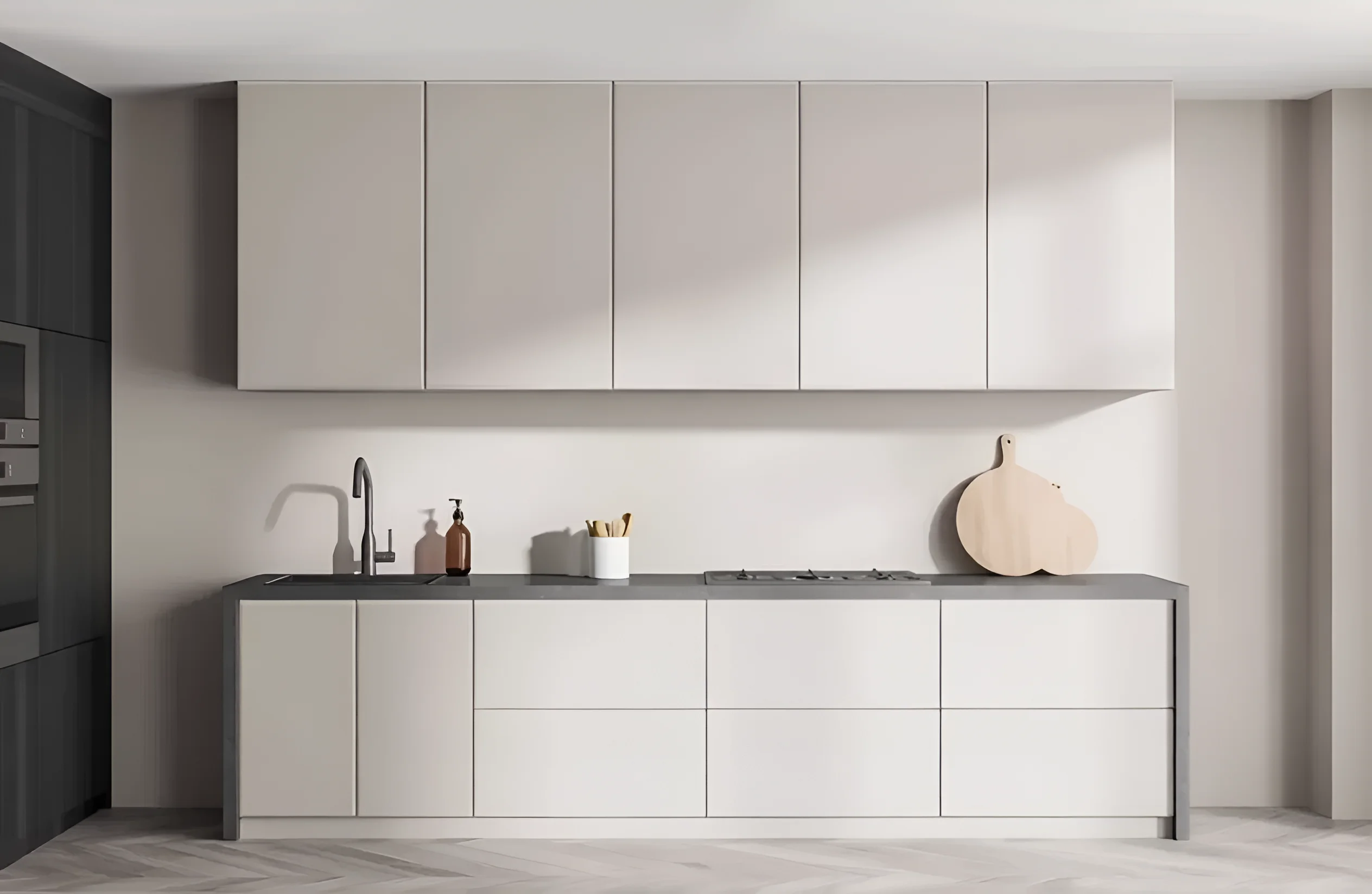 Белая кухня в стиле хай-тек 2 метра шириной, современный дизайн, глянцевые фасады, минималистичный интерьер, фото MebelTops.com