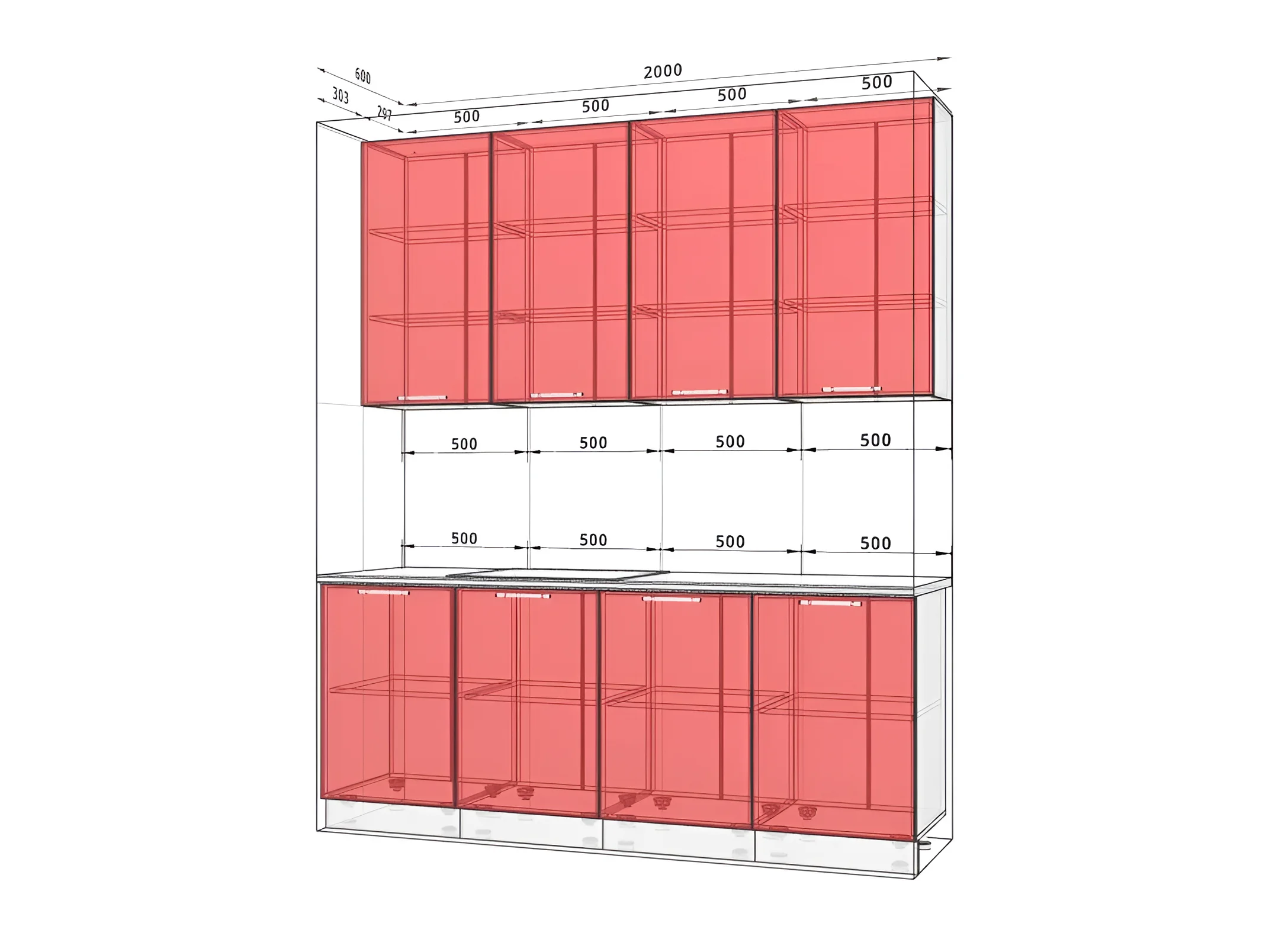 Белая кухня в стиле хай-тек 2 метра шириной, современный дизайн, шкафы с прозрачными фасадами, визуализация интерьера кухни.