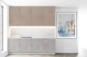 Современная кухня хай-тек 4,2 метра в цвете дуб золотой и мрамор бетон бежевый, стильный дизайн интерьера кухни.