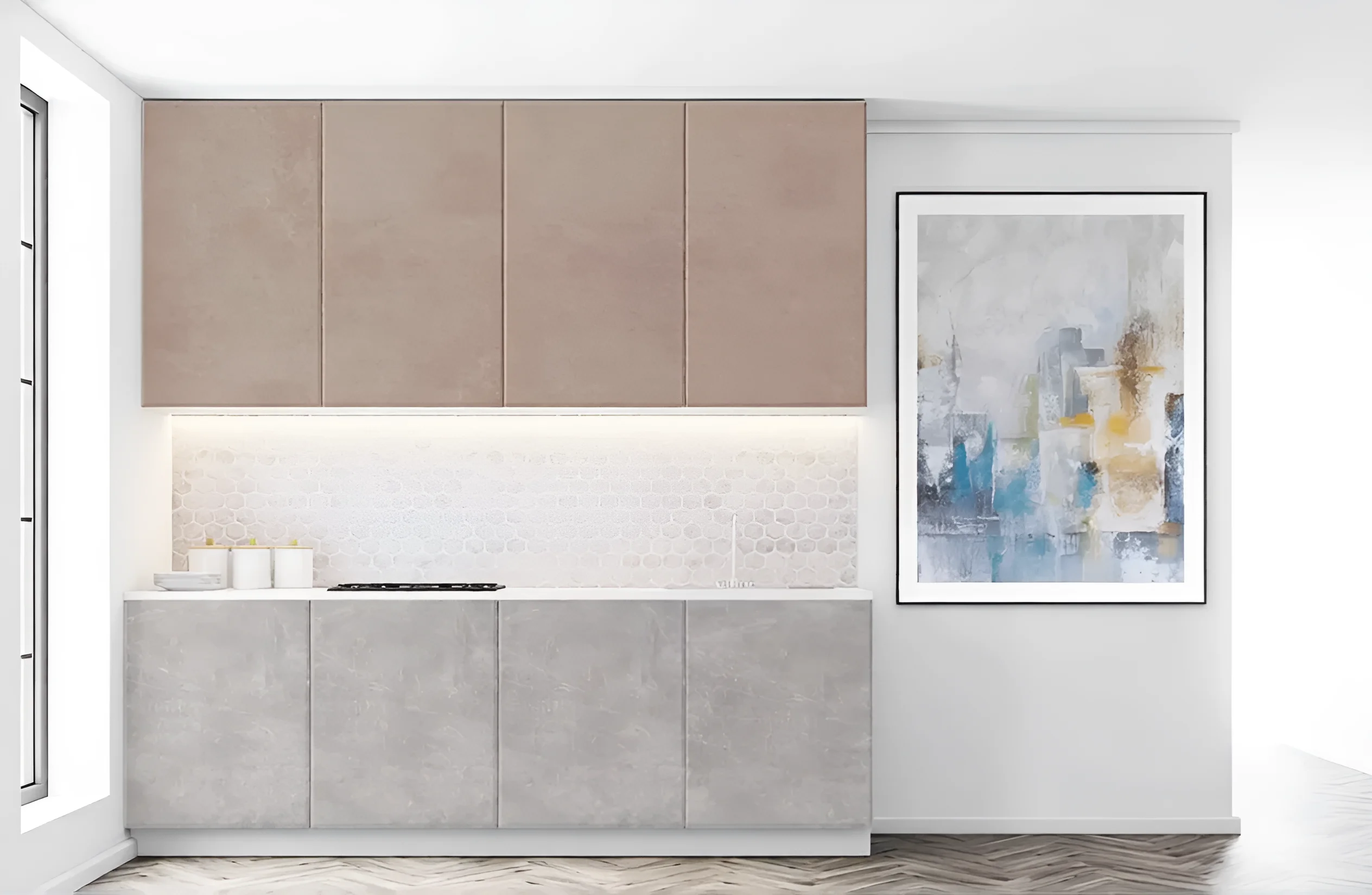 Современная кухня хай-тек 4,2 метра в цвете дуб золотой и мрамор бетон бежевый, стильный дизайн интерьера кухни.