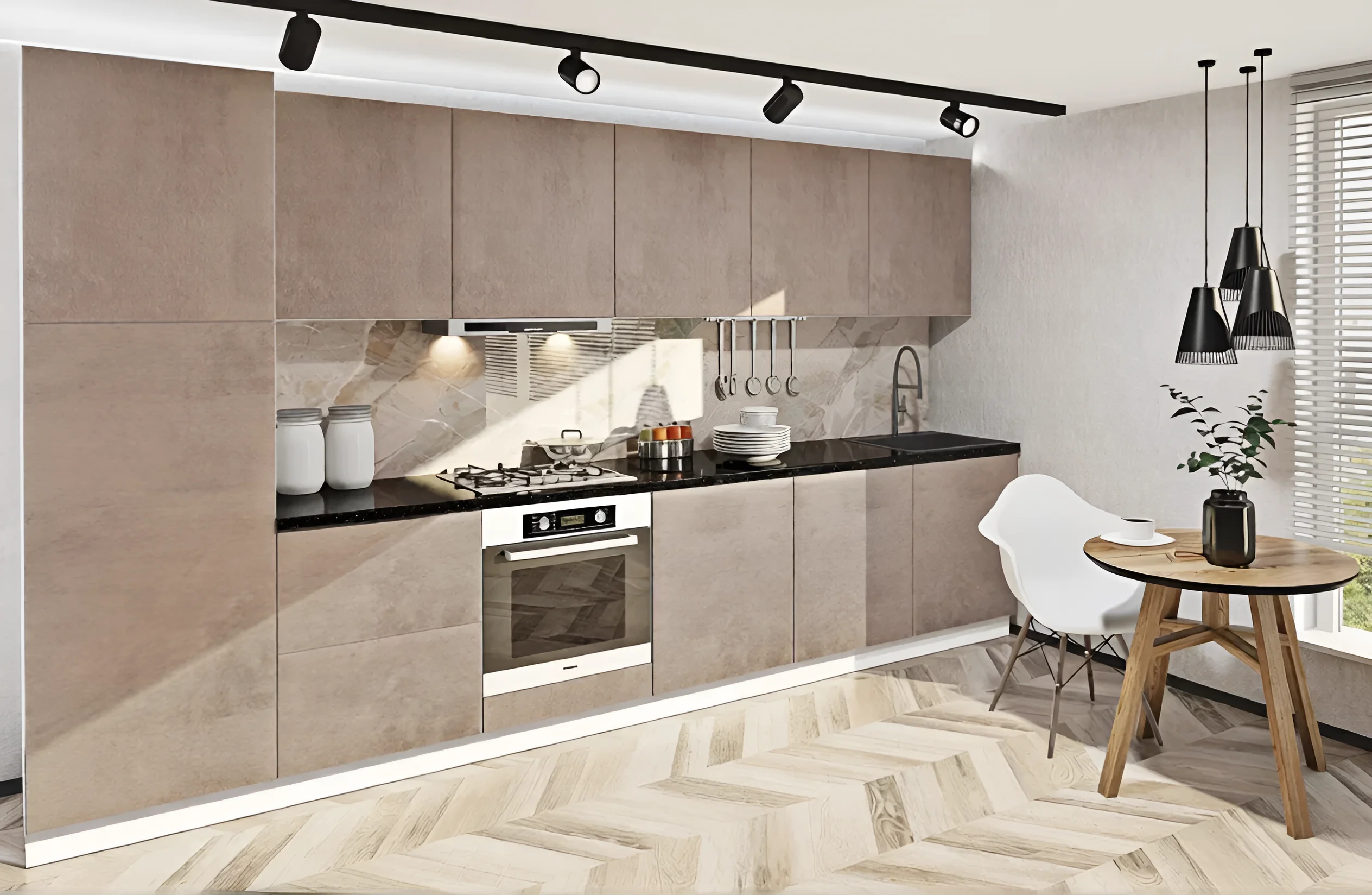 Современная кухня хай-тек 4,2 метра в цвете дуб золотой и мрамор бетон бежевый, стильный дизайн интерьера кухни.