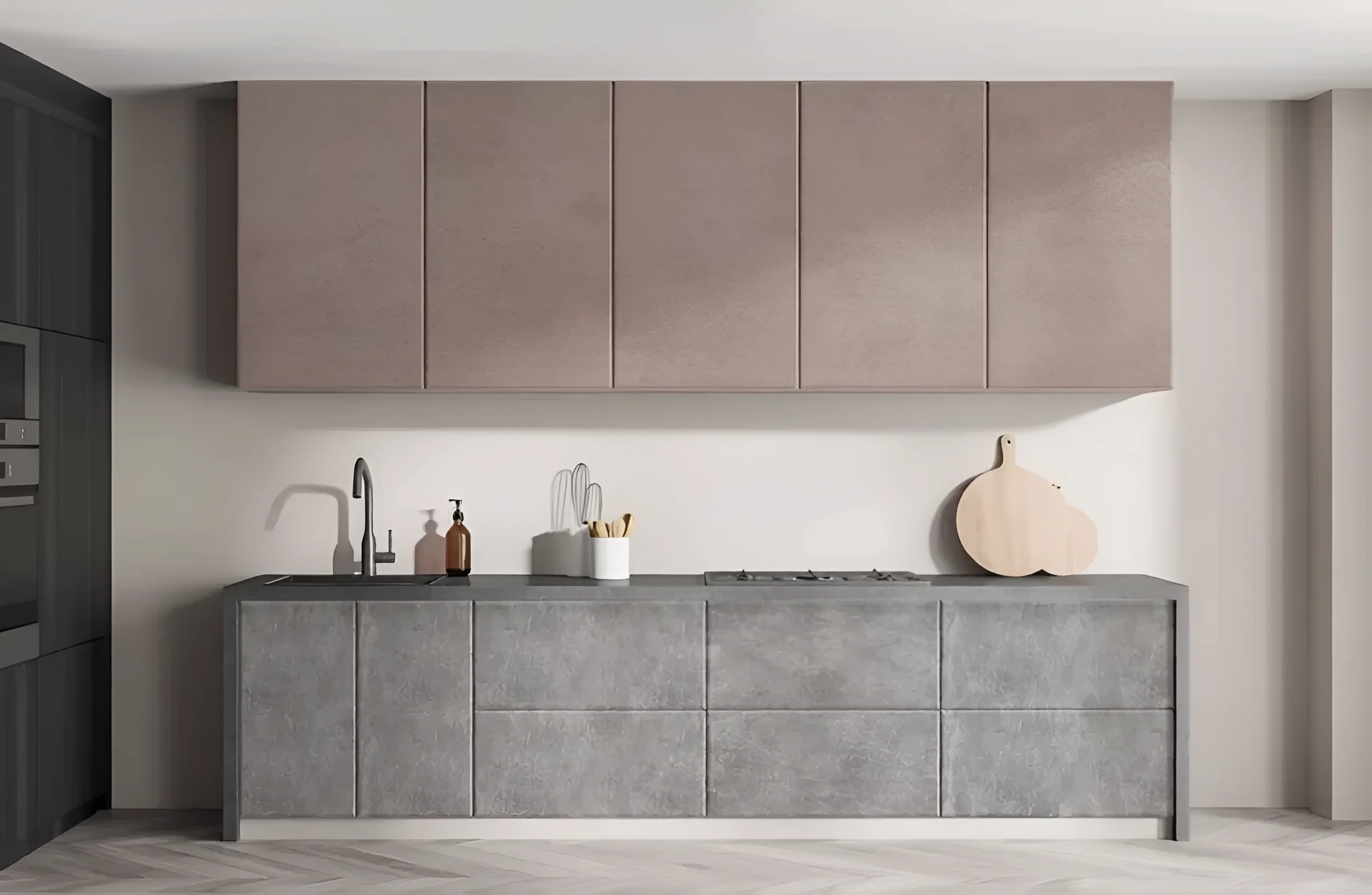 Современная кухня хай-тек 4,2 метра в цвете дуб золотой и мрамор бетон бежевый, стильный дизайн, прямые линии, функциональность.