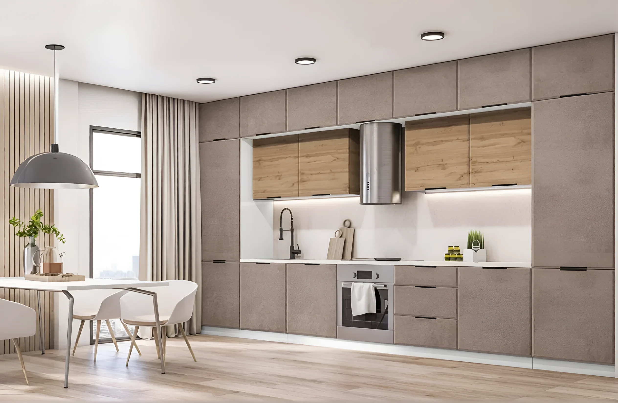 Современная кухня хай-тек 4,2 метра в цвете дуб золотой и мрамор бетон бежевый, стильный дизайн, фото интерьера.