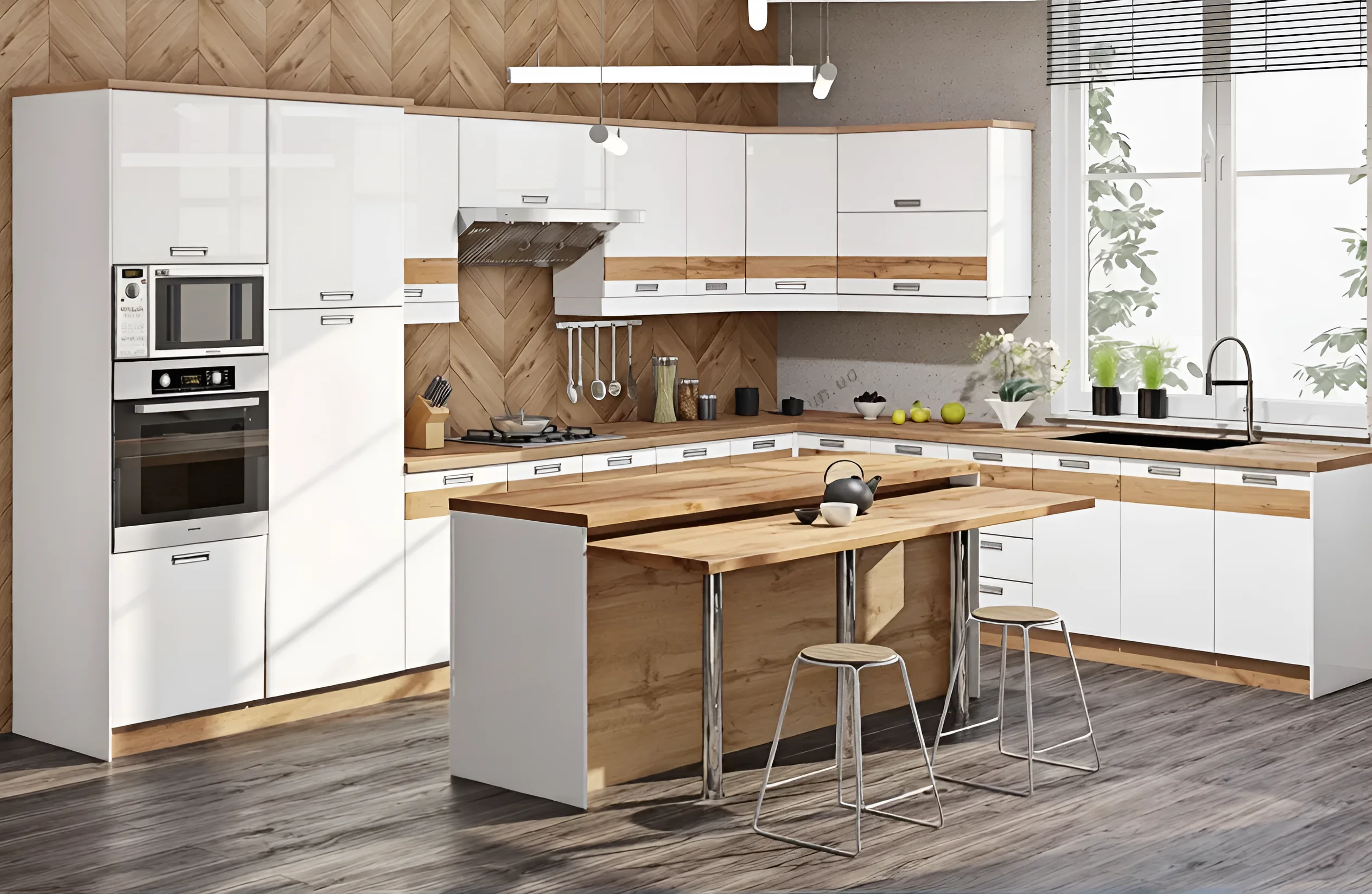 Белая угловая кухня в стиле хай-тек с цветной печатью, 360 см, современный дизайн, встроенная техника, барная стойка.