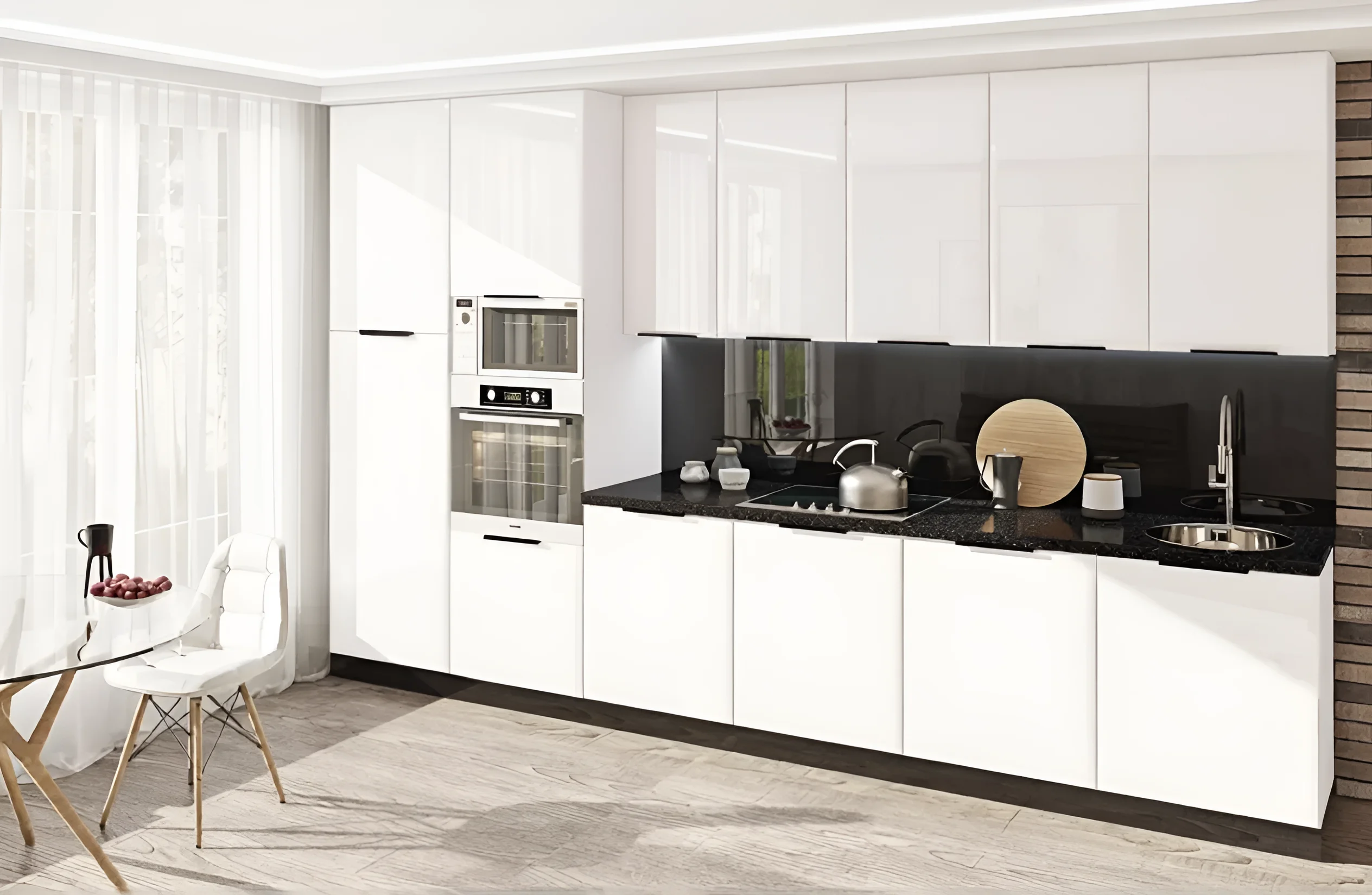 Белая глянцевая кухня в стиле хай-тек с цветной печатью, 360 см, современный дизайн, встроенная техника, MebelTops.