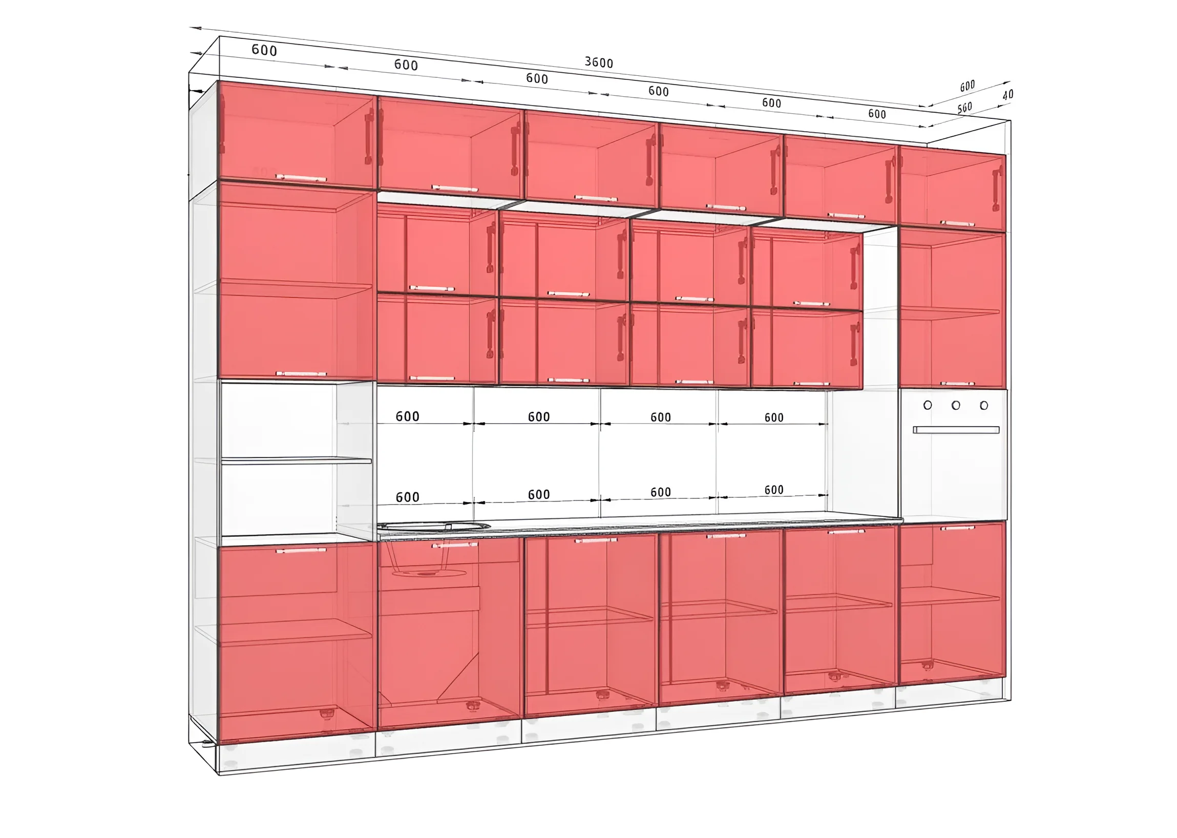 Кухня Хай-тек белого цвета 360 см с цветной печатью, современный дизайн, чертеж с размерами, MebelTops.