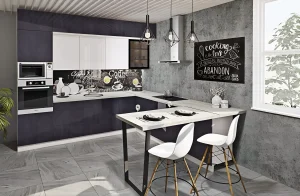 Кухня угловая "Крашеный высокий глянец" графитового цвета, размеры 360х180 см, современный дизайн, фото интерьера кухни.