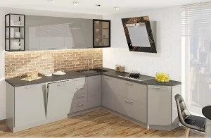 Белая П-образная кухня с фасадами в глянцевом исполнении, размеры 300х260 см, современный дизайн для интерьера кухни.