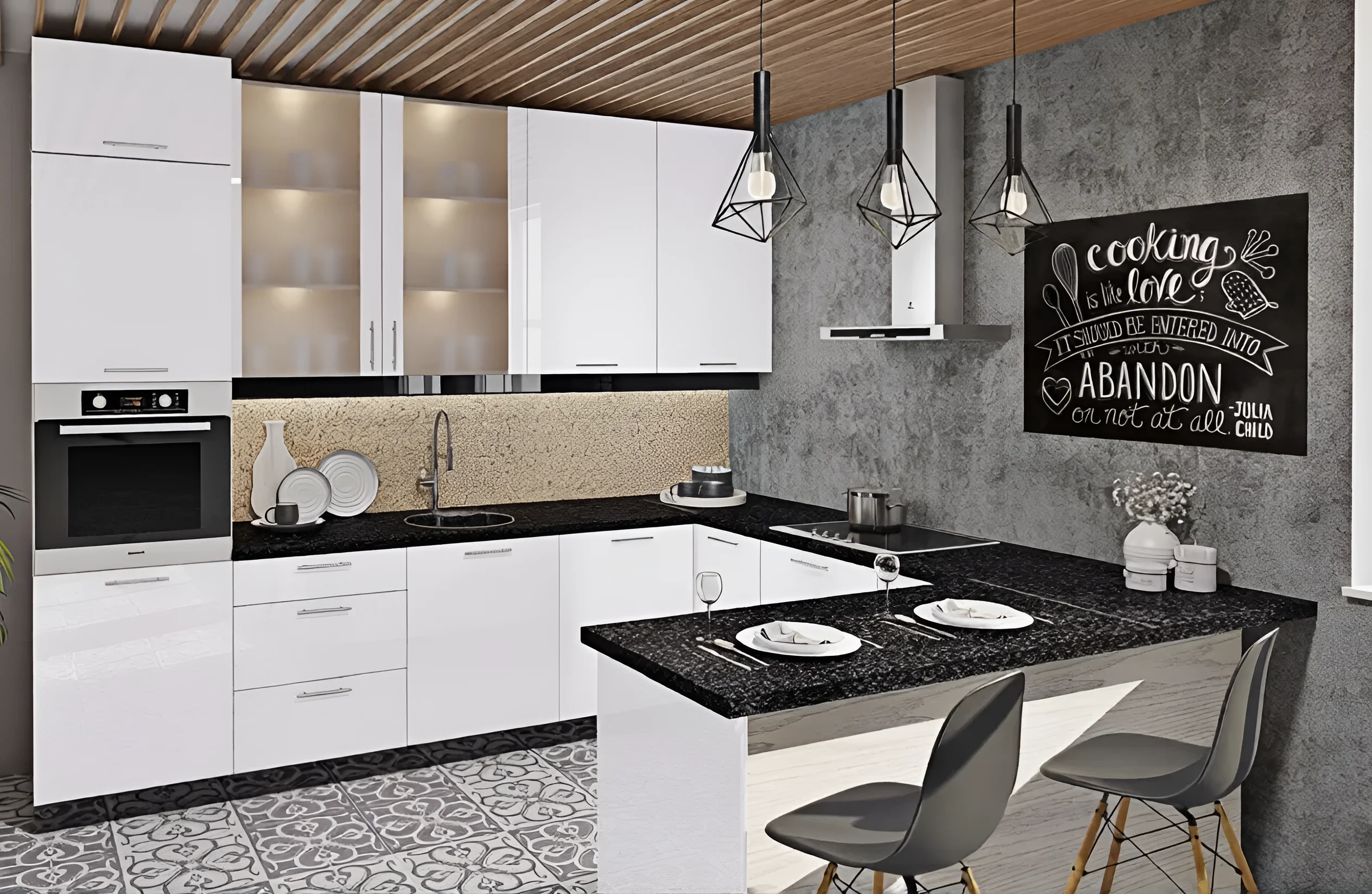 Белая П-образная кухня с глянцевыми фасадами 300х260 см. Современный дизайн кухни в интерьере с барной стойкой и деревянным потолком.