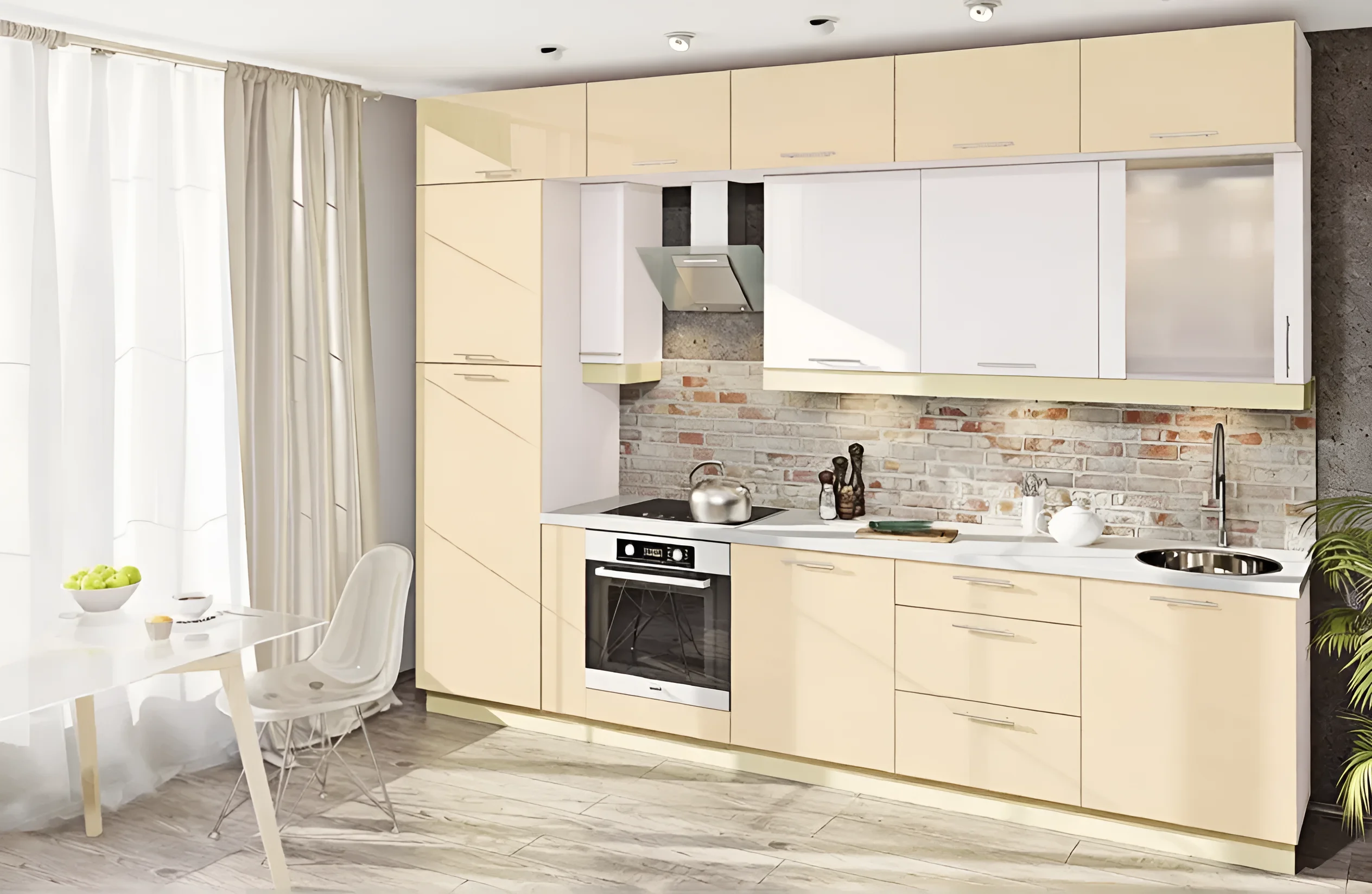 Белая П-образная кухня с фасадами в глянцевом покрытии, размеры 300х260 см, современный дизайн для интерьера кухни.