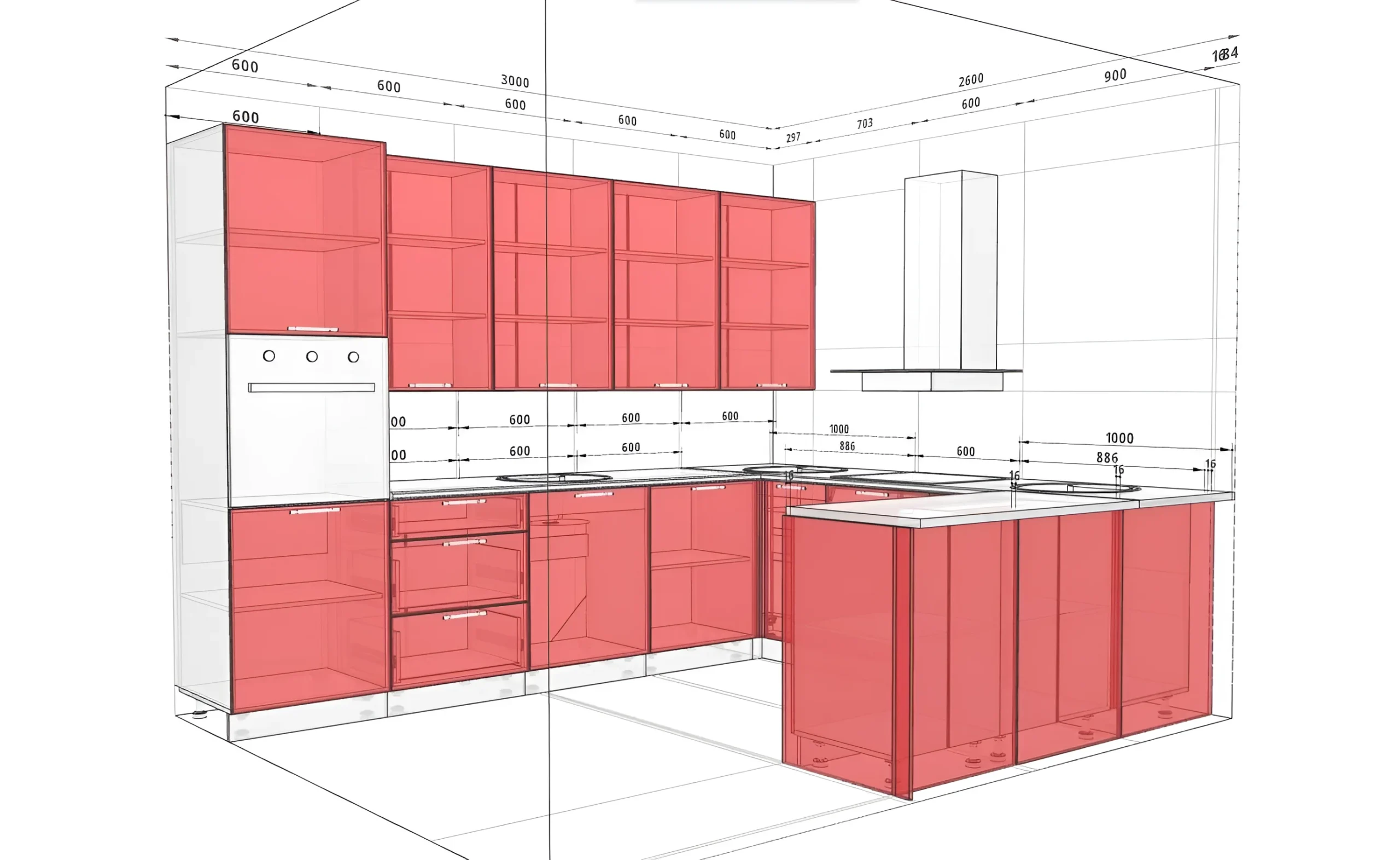 Белая П-образная кухня "Крашеный высокий глянец" 300х260 см, современный дизайн, визуализация проекта для интерьера кухни.