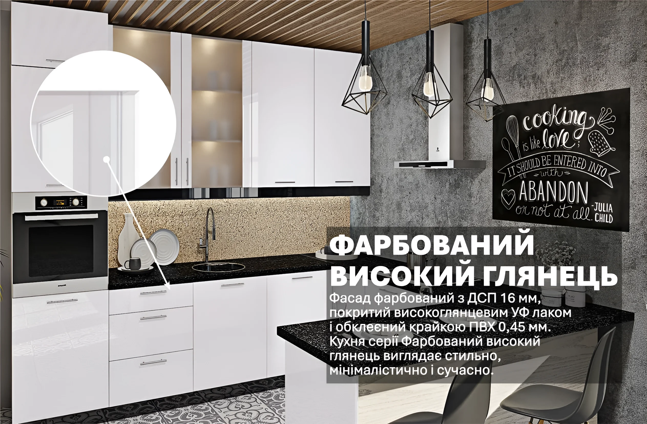 Белая П-образная кухня с фасадами в высоком глянце, размеры 300х260 см, современный дизайн интерьера кухни, MebelTops.