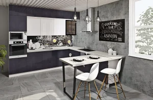 Современная угловая кухня "Крашеный высокий глянец" белого и угольного цвета, размеры 3х2,6м, фото интерьера.