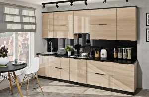 Кухня "Крашеный высокий глянец" 4.2х2.6м в цвете дуб беленый и дуб золотой, современный дизайн, фото интерьера кухни.