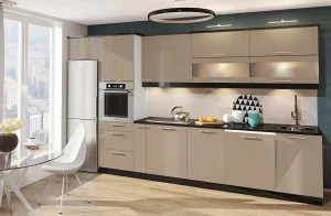 Кухня "Крашеный высокий глянец" 4,2х2,6м дуб беленый в современном интерьере, фото высокого качества для выбора кухни.