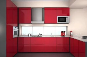 Кухня угловая красного цвета с глянцевыми фасадами, размеры 3.6х1.8м. Современный дизайн кухни в интерьере, фото MebelTops.