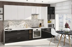 Кухня "Крашеный высокий глянец" 3,3м в белом и черном цвете, современный дизайн, глянцевые фасады, фото интерьера кухни.