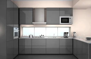 Современная угловая кухня с фасадами в цвете белый и графит, глянцевый блеск, длина 3,6 метра, стильный дизайн интерьера.