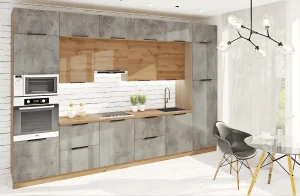 Современная кухня "Крашеный высокий глянец" 3.6м в цвете Бетон светлый и Дуб золотой, фото интерьера кухни в современном стиле.